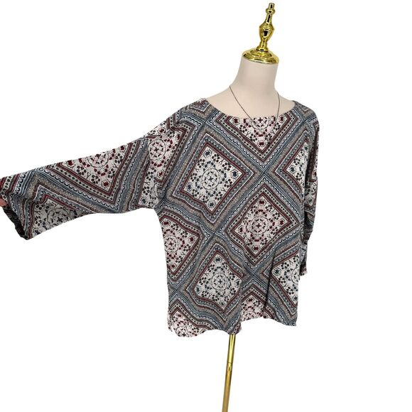 J. Jill Diamond Print Blouse Size LARGE 3/4 Sleeve Boat Neck Abalone Button Back - Picture 7 of 15